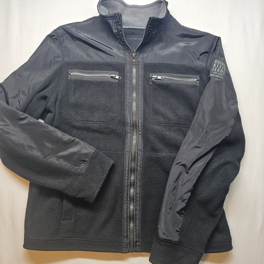 Calvin Klein Men's Jacket L Black Full Zip Fleece Softshell Nylon Panels
